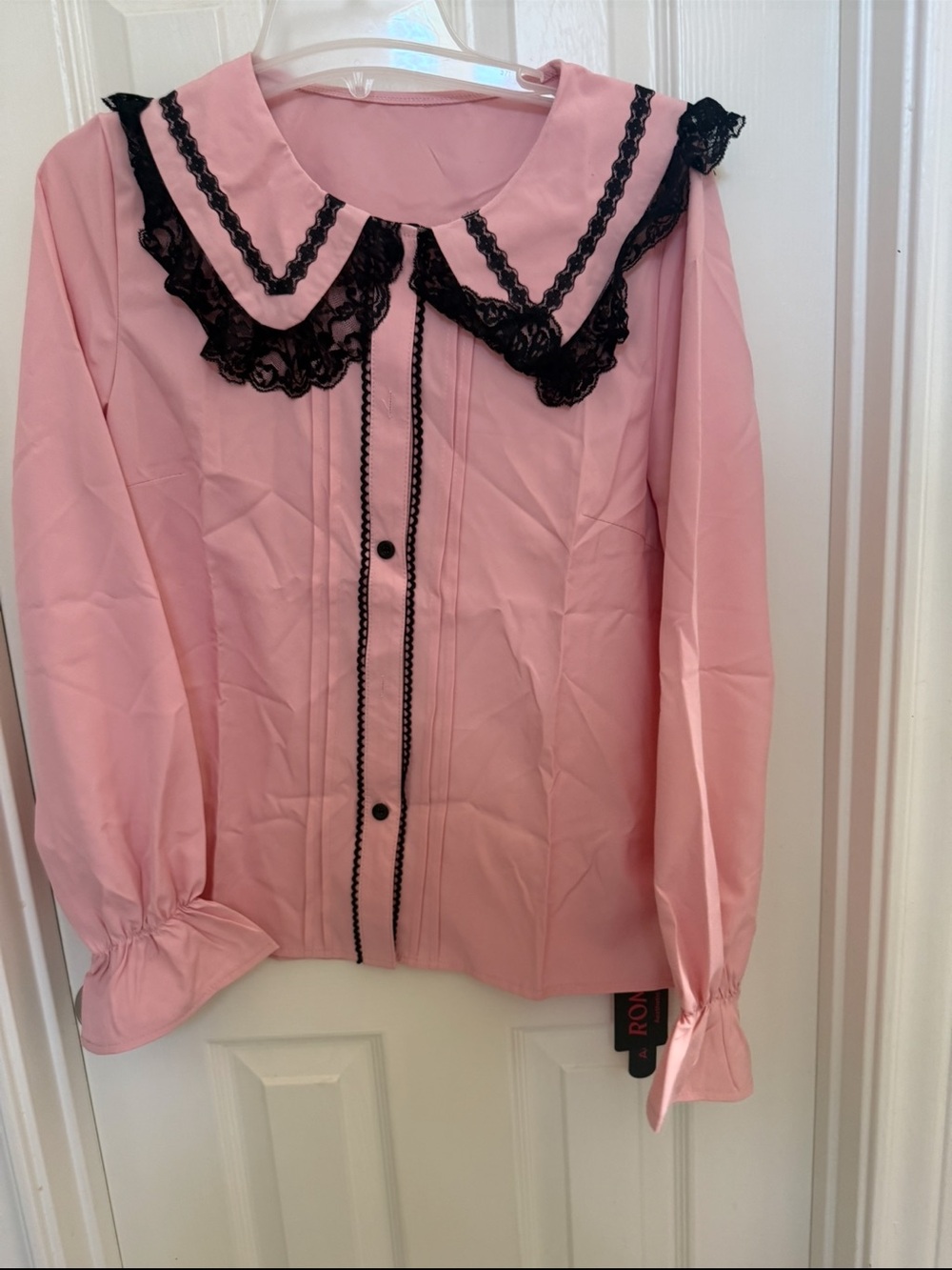 NWT Romwe Pink Long-Sleeve Blouse with Black Lace Trim